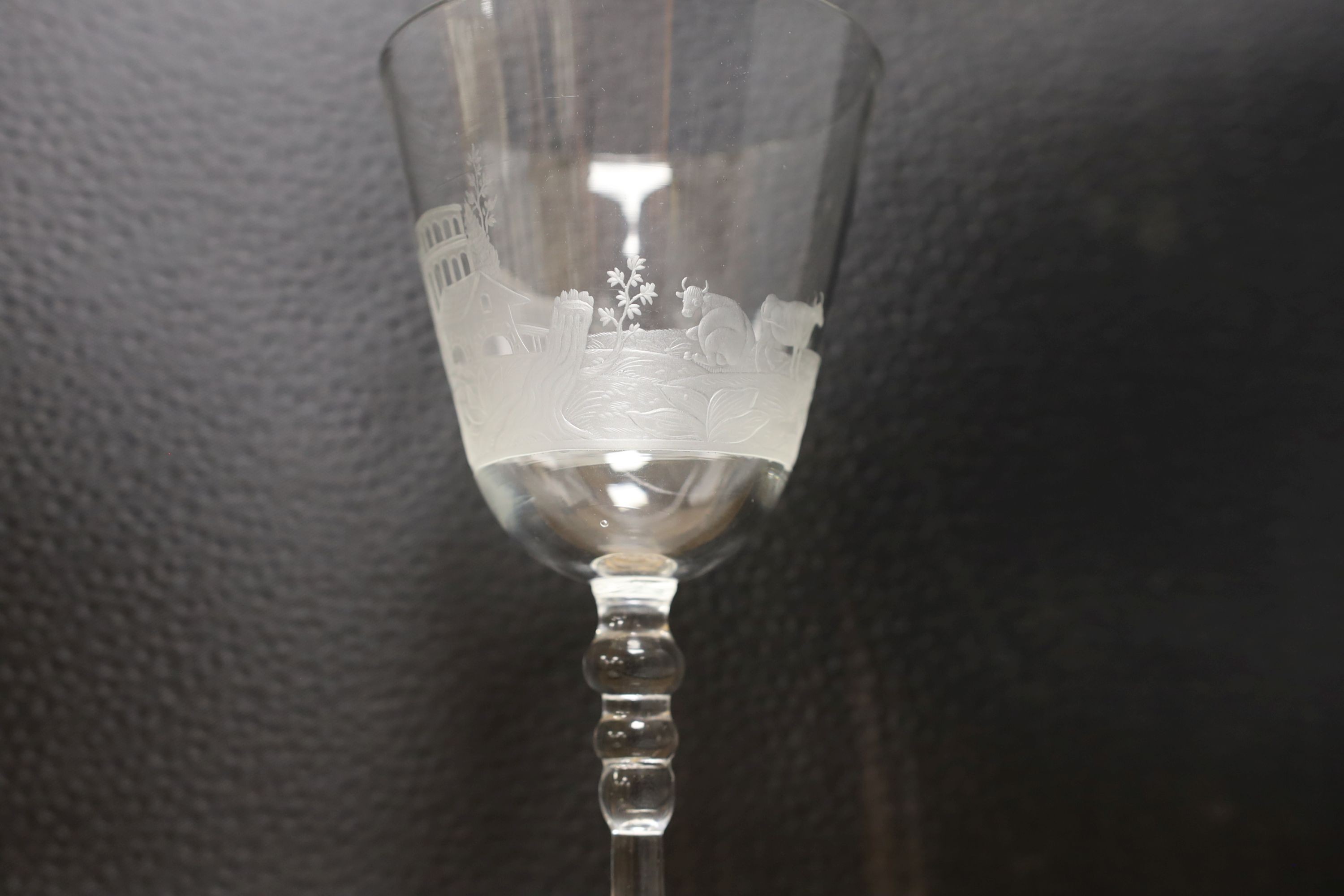 A Dutch engraved Newcastle goblet - 19cm tall